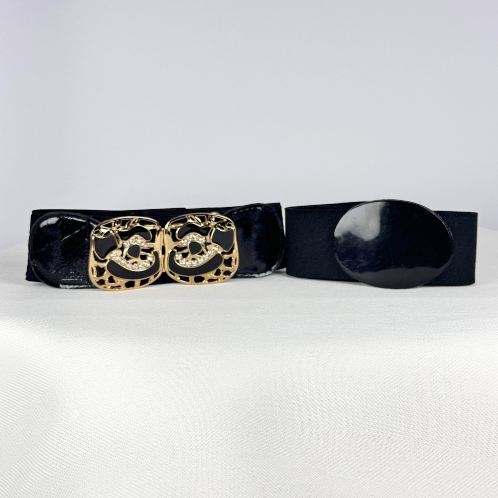 Statement 80s Vintage 2pc Black Elastic Waist Belt Set Plain and Gold Rhinestone